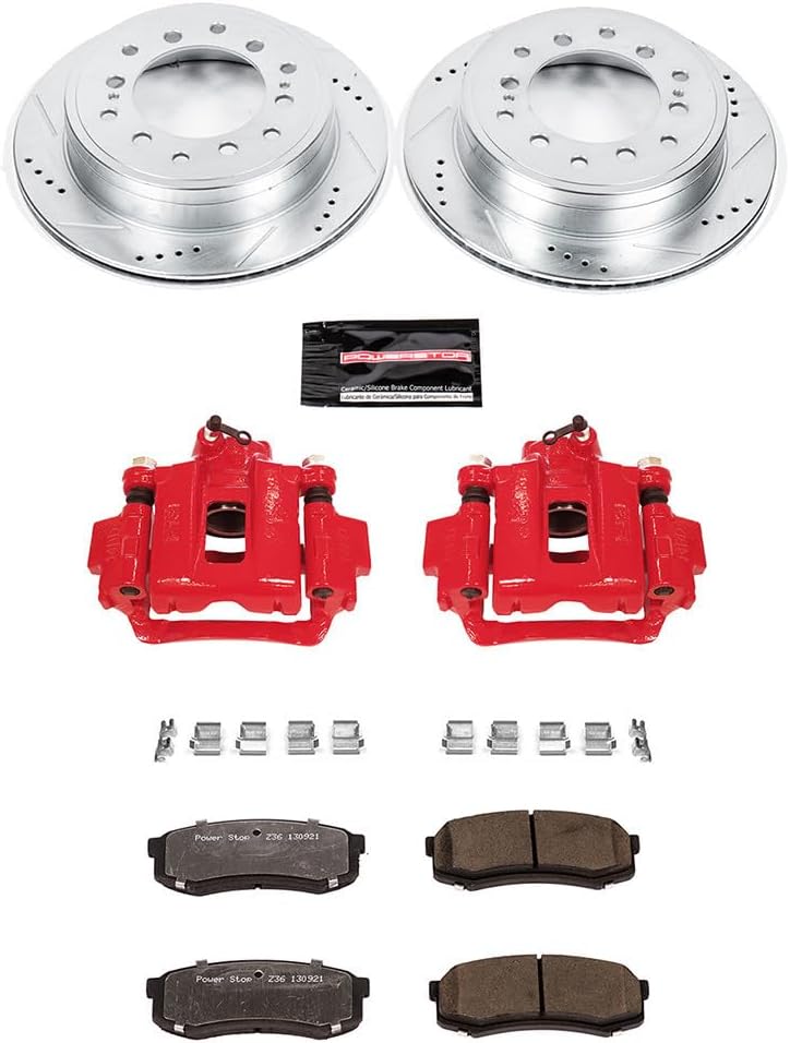 PowerStop Rear Brake & Caliper Kit for Toyota FJ Cruiser 2010-14 - Drilled & Slotted Disc Rotors + Z36 Brake Pads + Red-Powder Coated Calipers, KC5875A-36