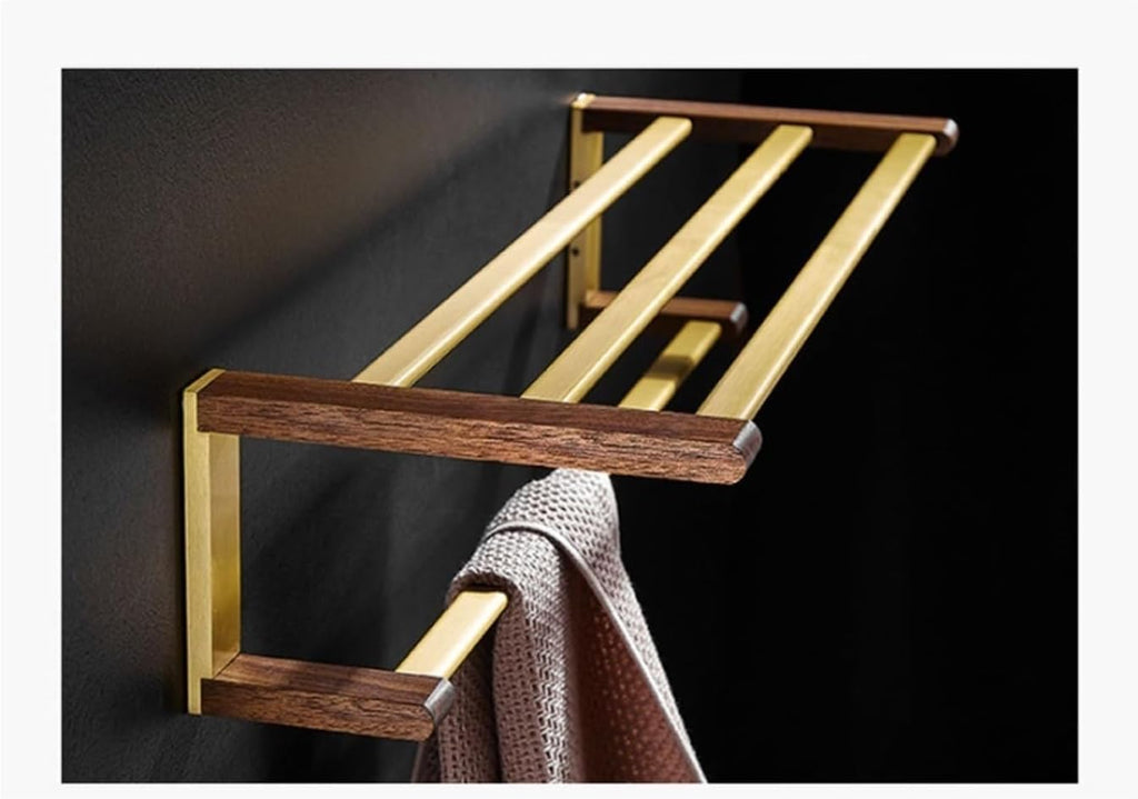 Towel Hanger for Bathroom,Walnut Wood Rack Double Rail Bar Shelf Wall Mounted Holder Space Aluminum Towels Storage Laundry Room Bars(50 * 20.5 * 12cm)