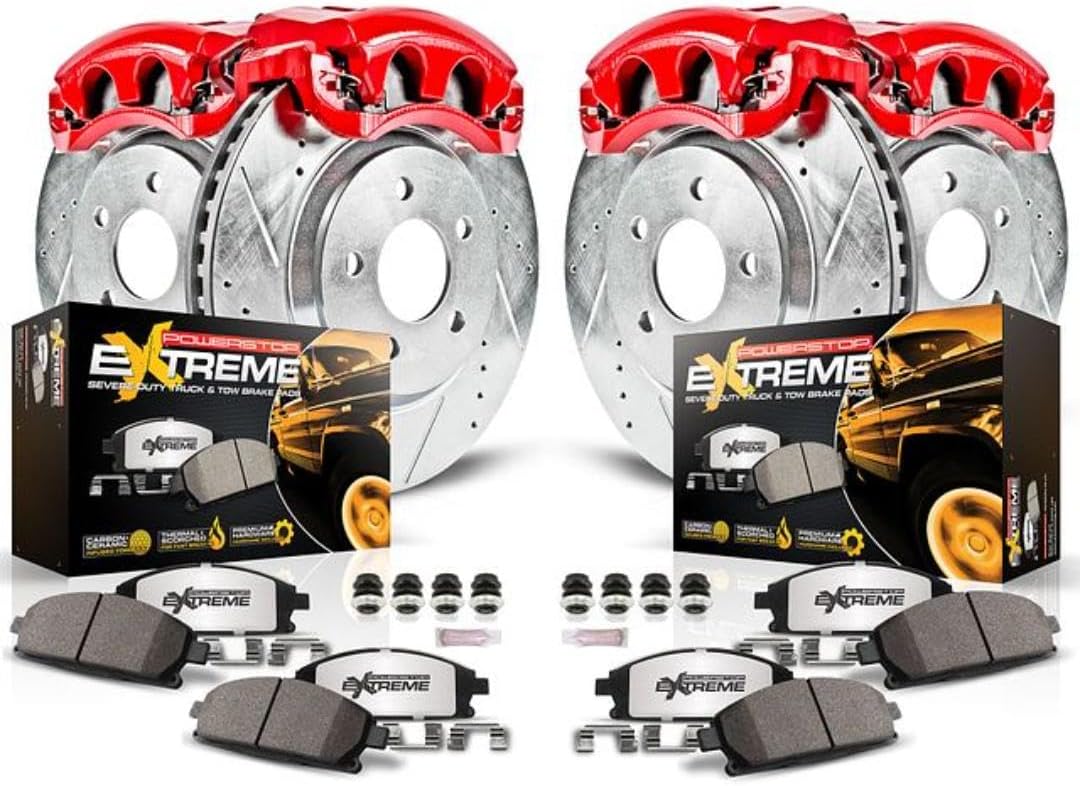 PowerStop Front and Rear Brake & Caliper Kit for Ram 3500 2013-18 - Drilled & Slotted Disc Rotors + Z36 Brake Pads + Red-Powder Coated Calipers, KC7141A-36