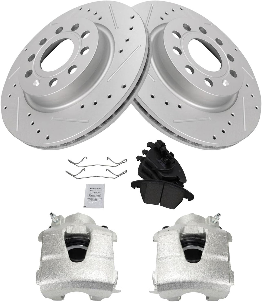 TRQ Performance Front Brake Pad and Rotor Set Ceramic Vented Coated Slotted Drilled Rotors Calipers Compatible with 2011 Audi A3 Quattro 2011-2013 Volkswagen Jetta