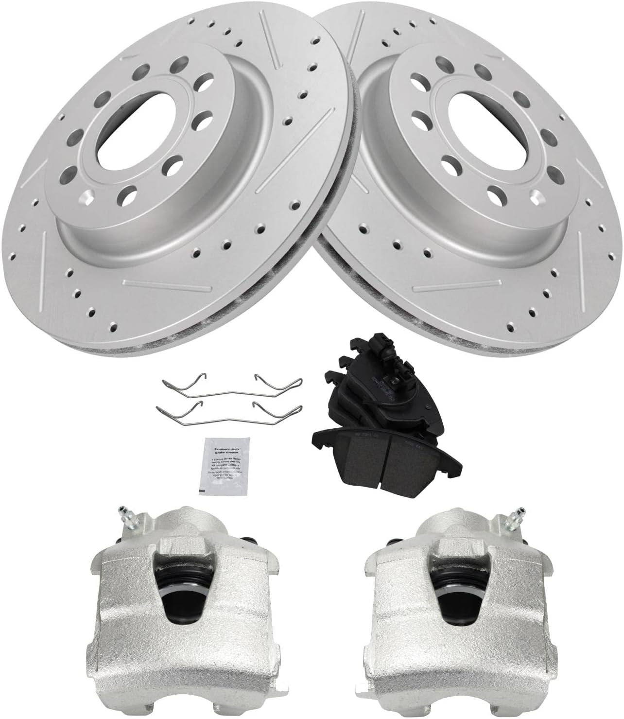 TRQ Performance Front Brake Pad and Rotor Set Ceramic Vented Coated Slotted Drilled Rotors Calipers Compatible with 2011 Audi A3 Quattro 2011-2013 Volkswagen Jetta