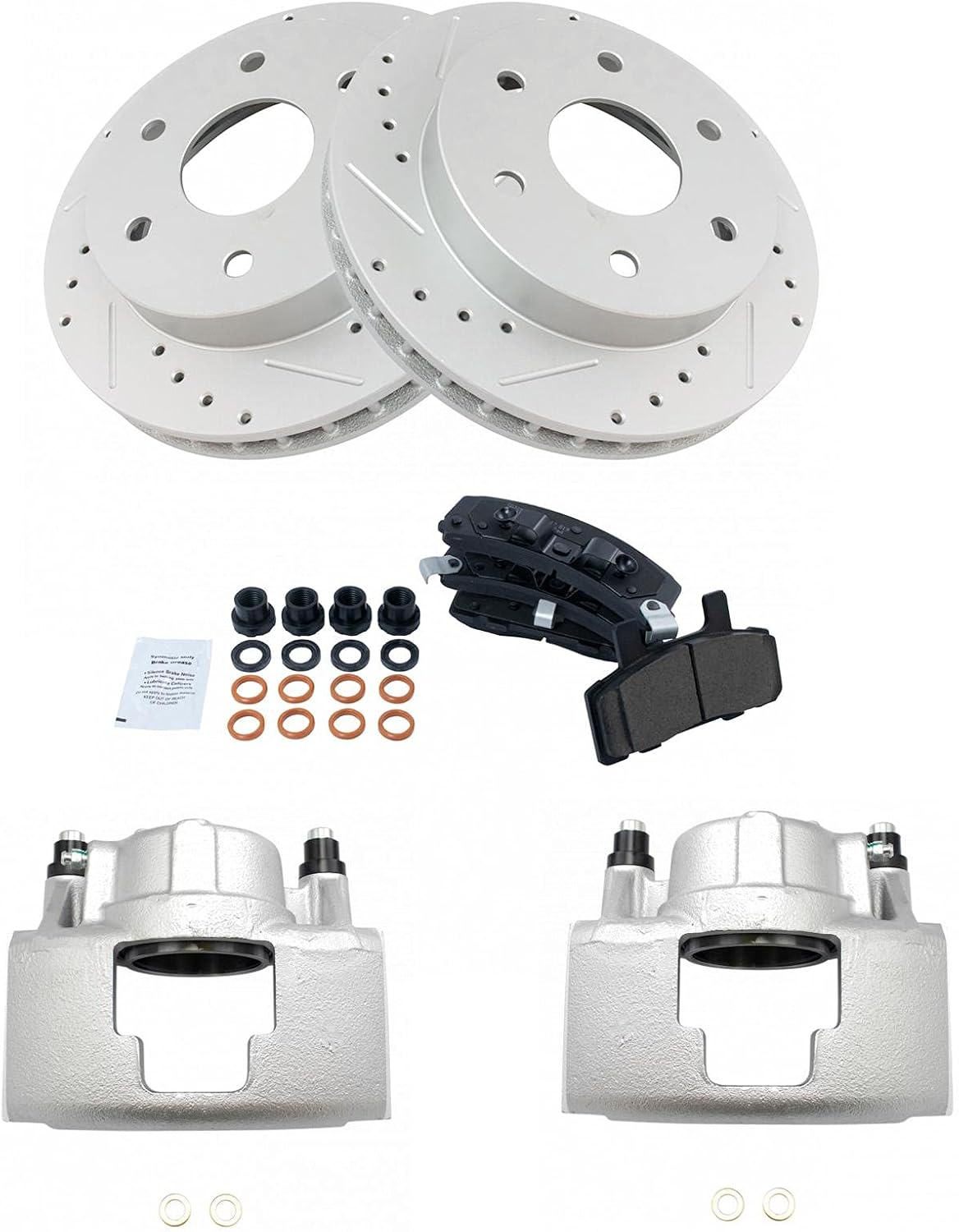 TRQ Performance Front Brake Pad & Rotor Set Ceramic Drilled Slotted Coated Rotors Calipers Compatible with 88-98 Chevrolet GMC K2500 94-99 K1500 95-99 K1500 Suburban 95-00 Tahoe 94-99 Yukon