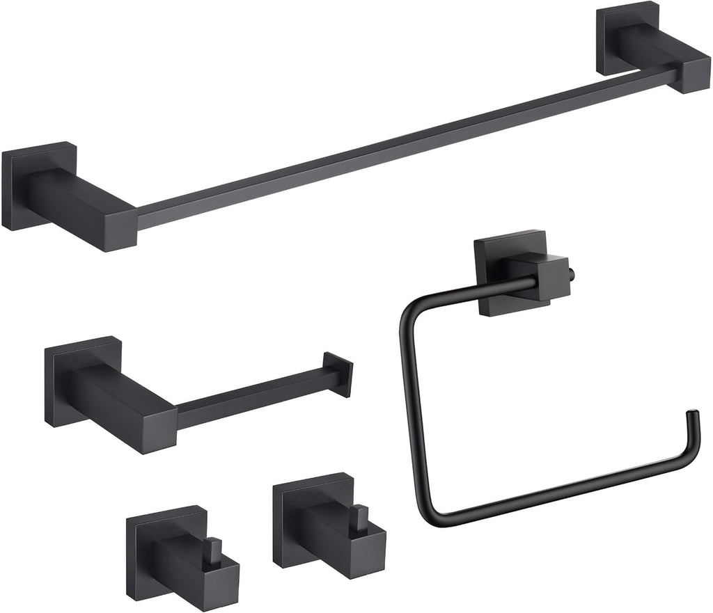 KIBI Cube 5-Piece Bathroom Hardware Set, Modern Bathroom Accessories | Includes 18' Towel Bar, Towel Ring, Toilet Paper Holder & Robe Hooks | Durable and Rust-Resistant (Matte Black, C-KBA15-5-3)
