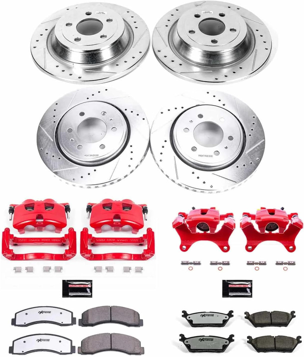 PowerStop Front and Rear Brake & Caliper Kit for Ford F-150 2015-17 - Drilled & Slotted Disc Rotors + Z36 Brake Pads + Red-Powder Coated Calipers, KC6803-36