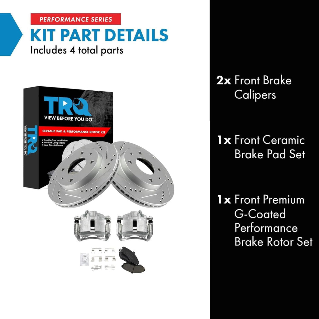 TRQ Performance Front Brake Pad and Rotor Set Ceramic Drilled Slotted Coated Rotors Calipers Compatible with 2002-2005 Hyundai Elantra