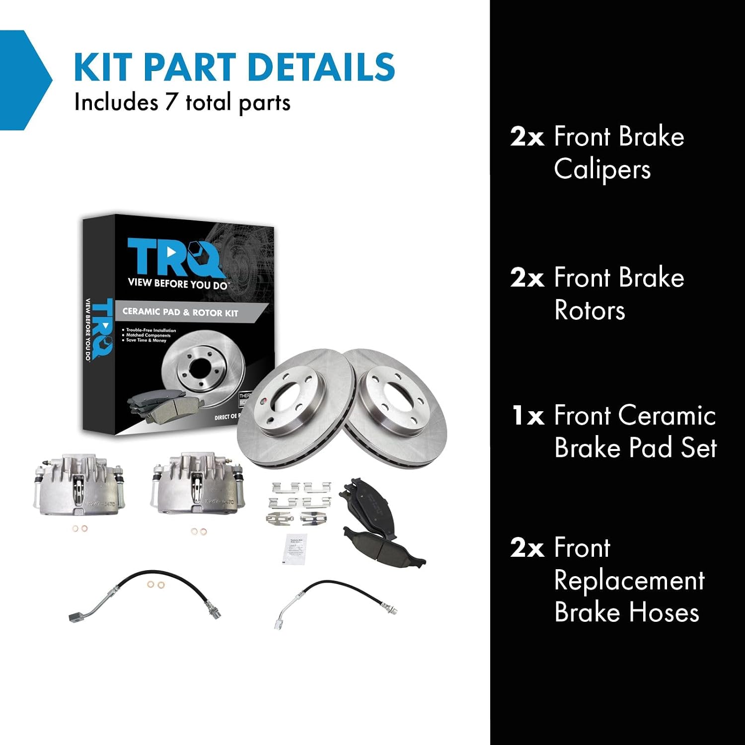 TRQ Front Brake Pad and Rotor Set Ceramic Rotors Calipers Hoses Compatible with 2003-2004 Ford Mustang