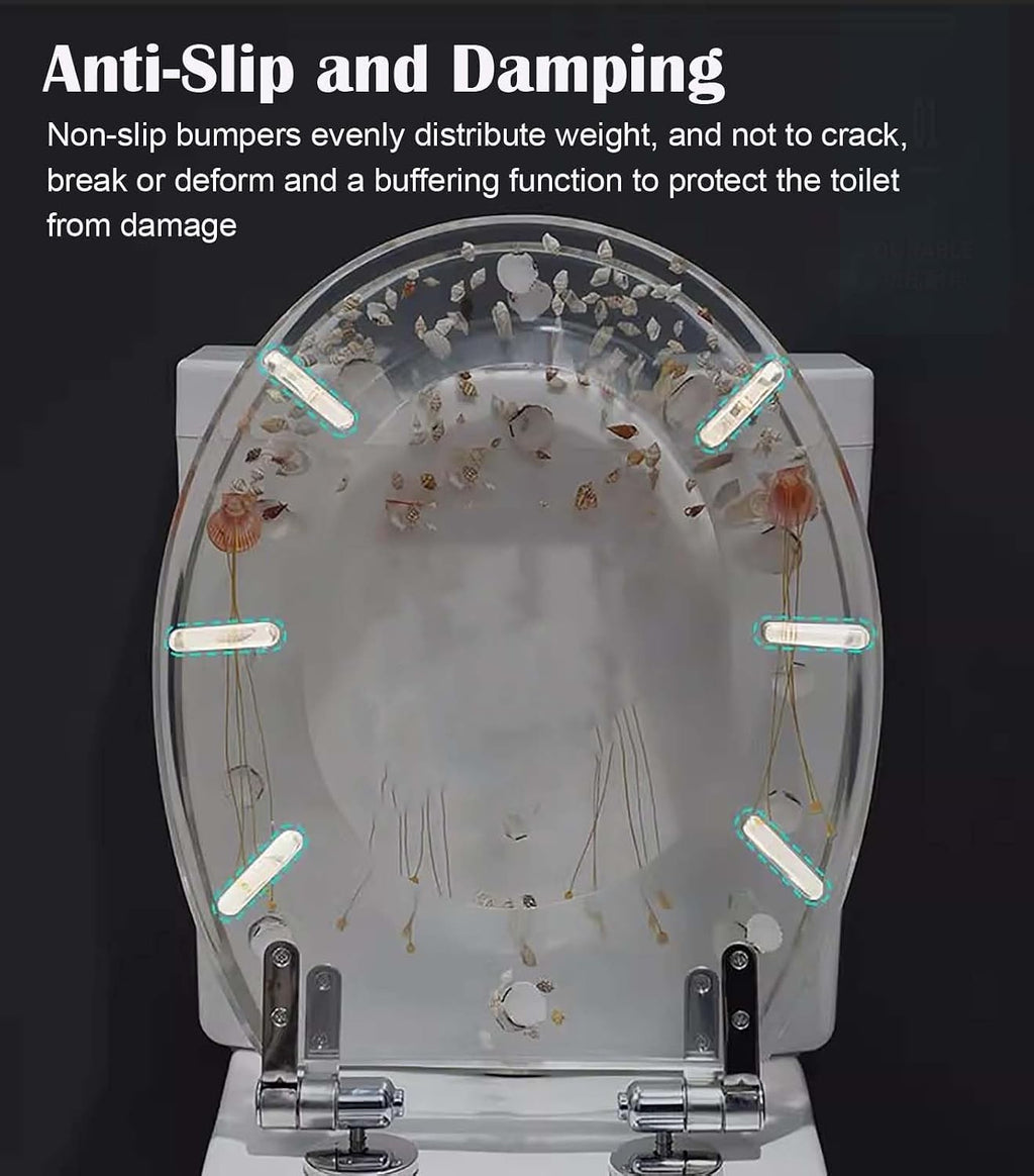 Transparent Toilet Seat Slow Close, Cushioned Acrylic Toilet Seat Set, Heavy Duty Resin Toilet Bowl Lid, Decorative Gold Silver Foil Toilet Cover(Silver)