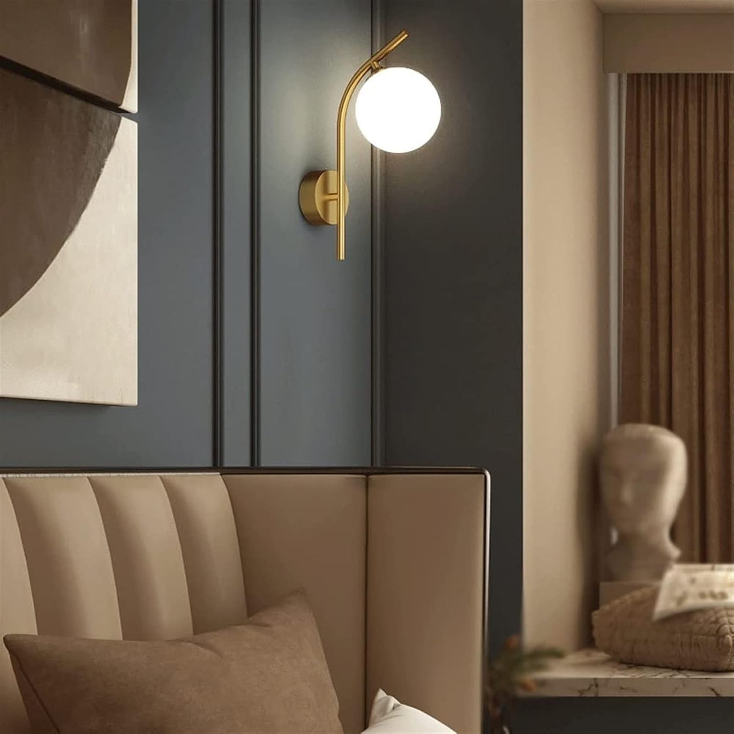 Modern Indoor Wall Sconce Lighting Fixture, Gold Wall Mounted Lamp, Creative LED Wall Light for Living Room Bedroom Bedside Corridor Stairway Bathroom, Brass Finish - White Glass Shade