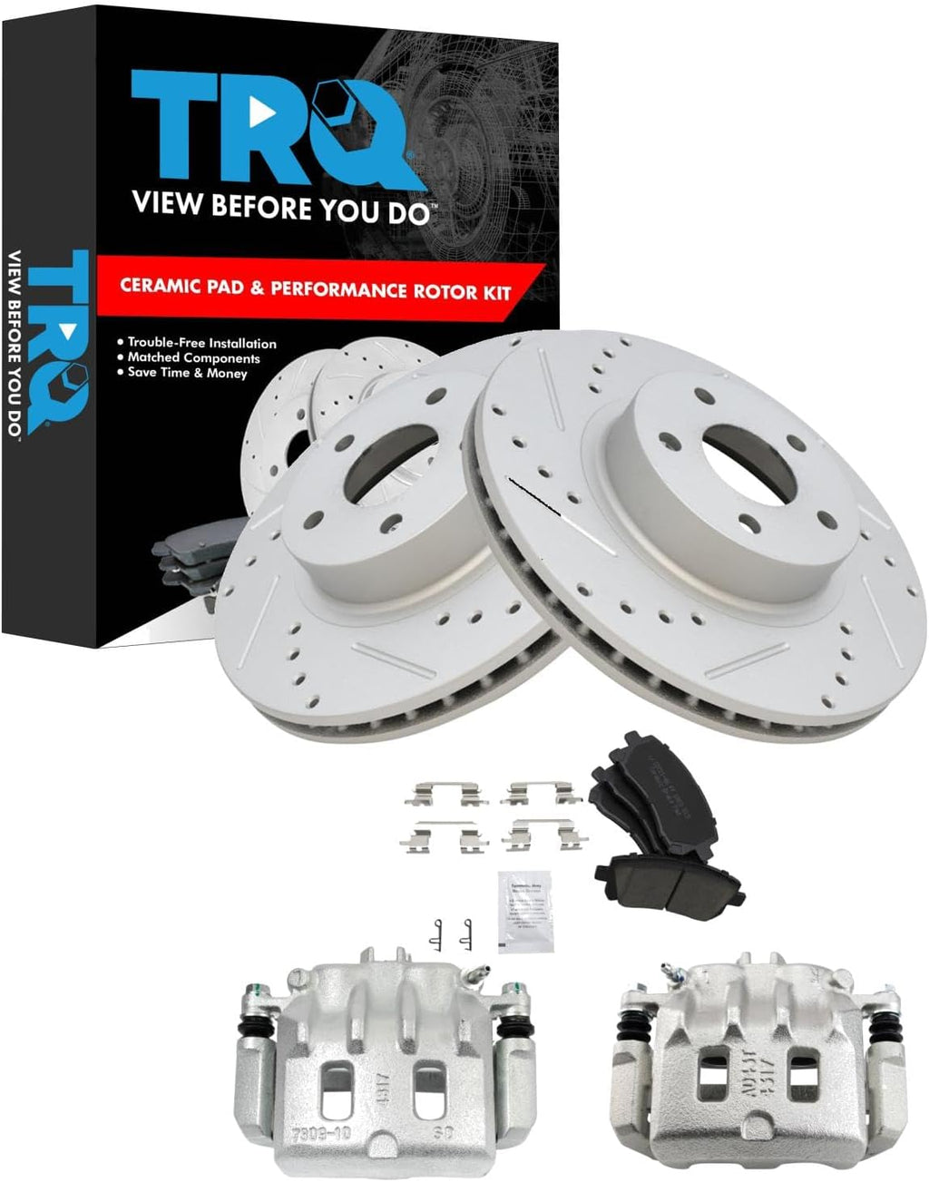 TRQ Performance Front Brake Pad and Rotor Set Ceramic Vented Coated Rotors Calipers Compatible with 2000 Subaru Outback