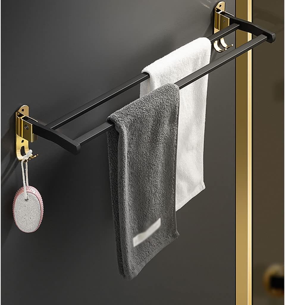 Towel Rail Bathroom Towel Rail Towel Rack Foldable Double Towel Bar 304 Stainless Steel Wall Mounted Towel Rack Bathroom Towels Shelf Holder Rail for Kitchen Hotel Towel Holder (Color : A-Black Gold