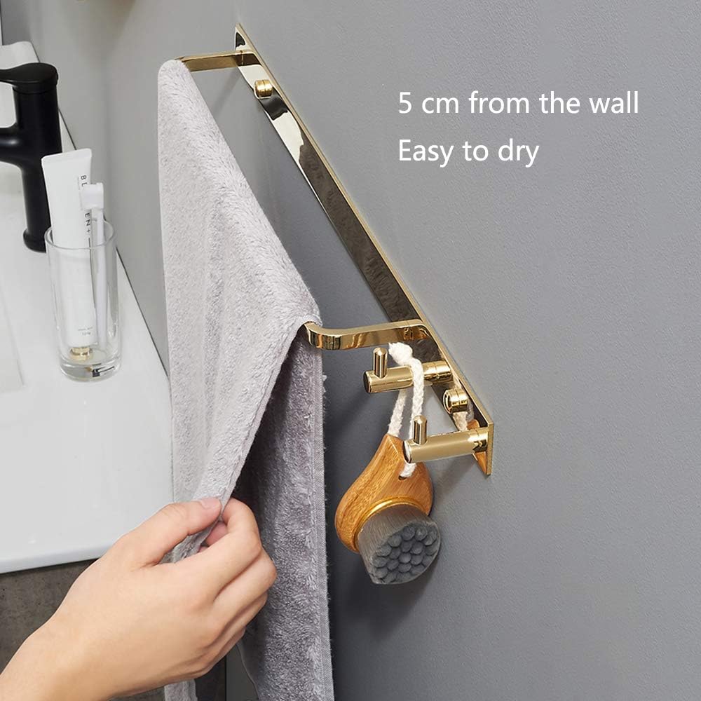 Towel Bar Towel Rail with 2 Hooks Heavy Duty Brass Bathroom Towel Rack Wall Mounted Towel Holder Double Rod Storage Rack for Bathroom Kitchen Toilet,Black Gold