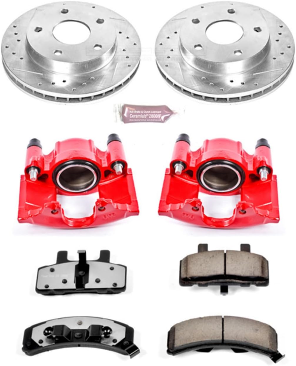 PowerStop Front Brake & Caliper Kit for Dodge Ram 1500 1994-99 - Drilled & Slotted Disc Rotors + Z36 Brake Pads + Red-Powder Coated Calipers, KC2126-36