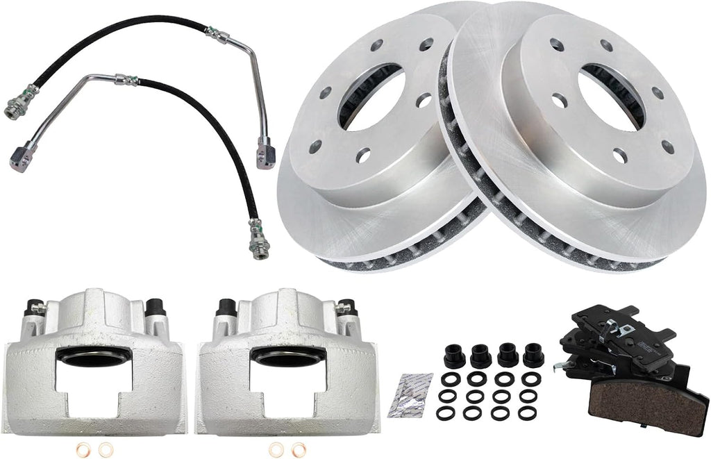 TRQ Front Brake Pad and Rotor Set Ceramic Calipers Hoses Compatible with 1999 Cadillac Escalade 1988-2000 Chevrolet K1500 K2500 Blazer Suburban Tahoe 1988-2000 GMC K1500 K2500 Suburban Yukon