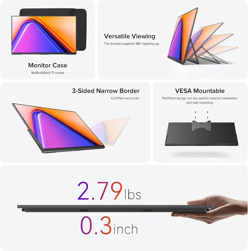 UPERFECT 18.5' Portable Monitor, NxtLED™ Eye Care Display, 120Hz FHD 1080P, 145% sRGB, Anti-Glare Matte Screen, Flicker-Free Low Blue Light, with Stand & VESA for Laptop, PC, Mac, Phone & Game Console