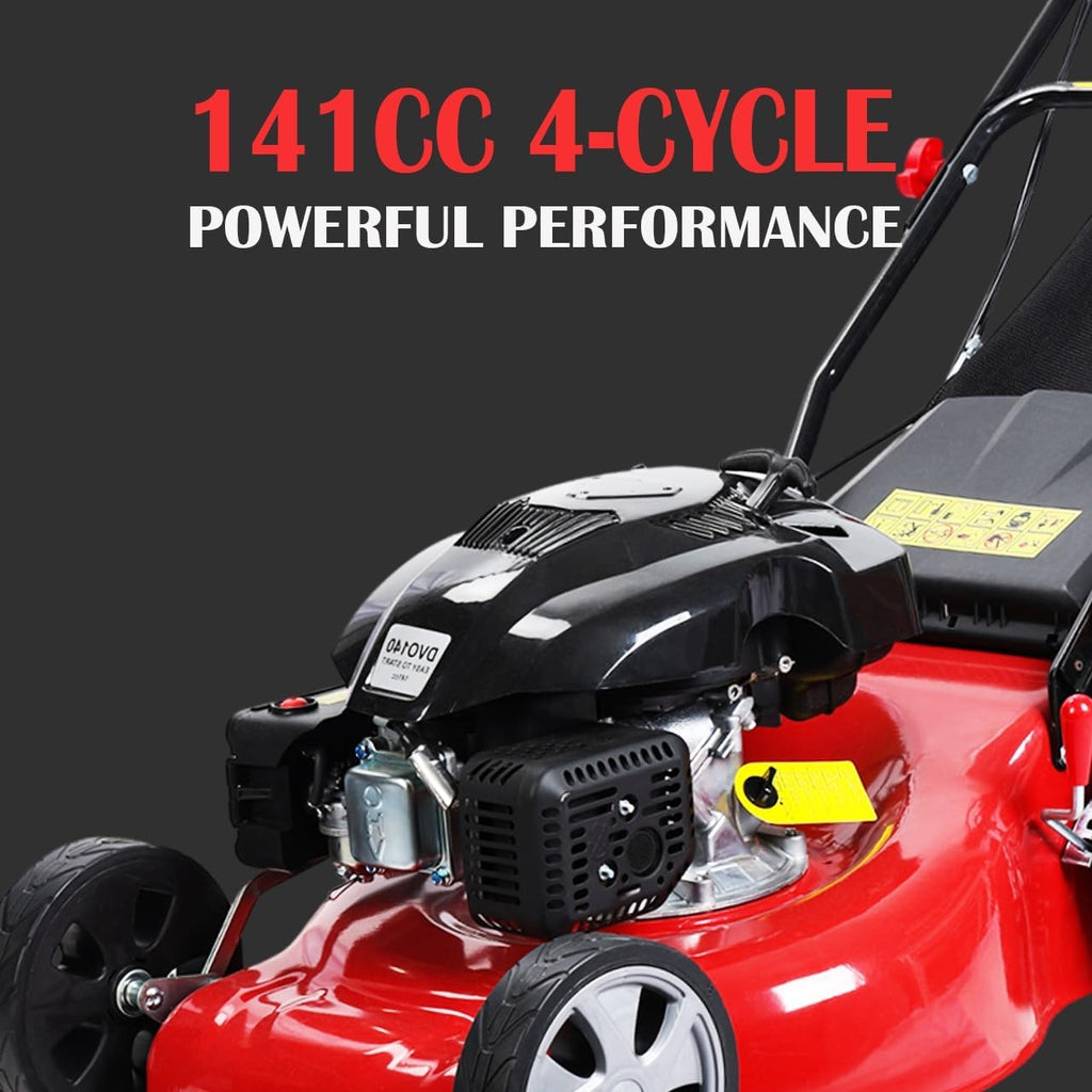 Gas Lawn Mower Self Propelled, 141cc Gas Push Mowers Walk-Behind with 20-inch Steel Deck, 8-Level Height Adjustment, 3-in-1 Mulch, Bag, Discharge, 12-inch High Rear Wheels Red