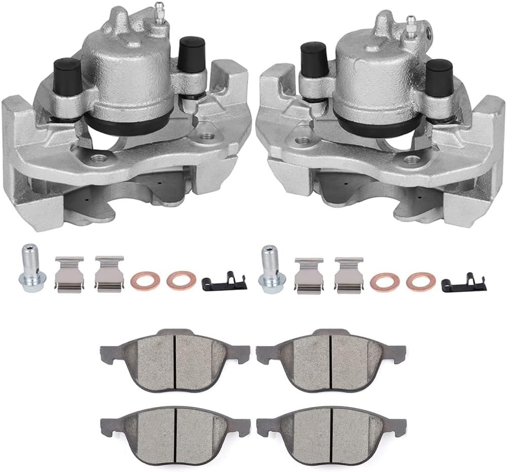 SCITOO Front Left & Right Brake Kit [4] Brake Pads [2] Brake Disc Calipers w/Bracket Compatible With 2004-2007 for Ford for Focus