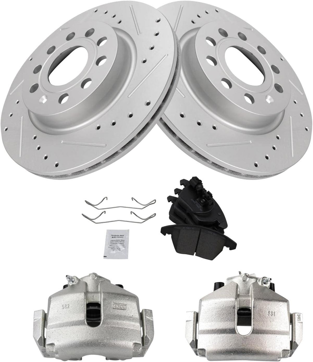 TRQ Performance Front Brake Pad and Rotor Set Ceramic Vented Coated Rotors Calipers Compatible with 2013 Volkswagen GTI 2011 Jetta