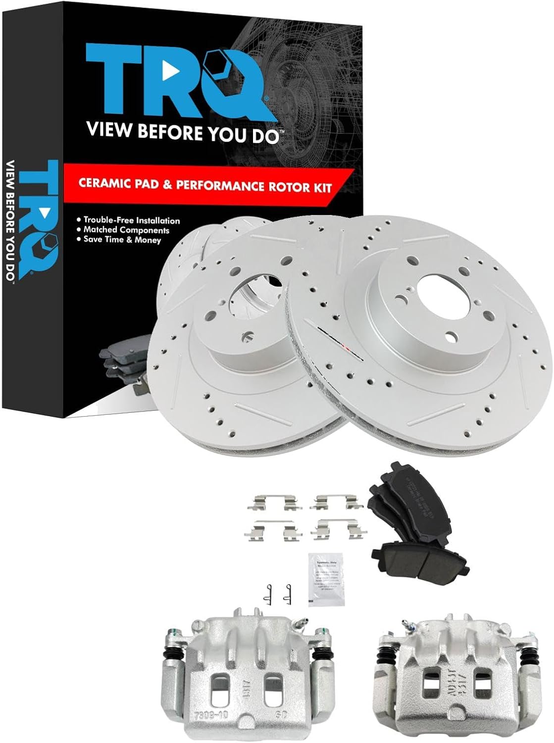 TRQ Performance Front Brake Pad and Rotor Set Ceramic Vented Coated Rotors Calipers Compatible with 2001 Subaru Outback 2002-2003 Impreza 2002 Legacy
