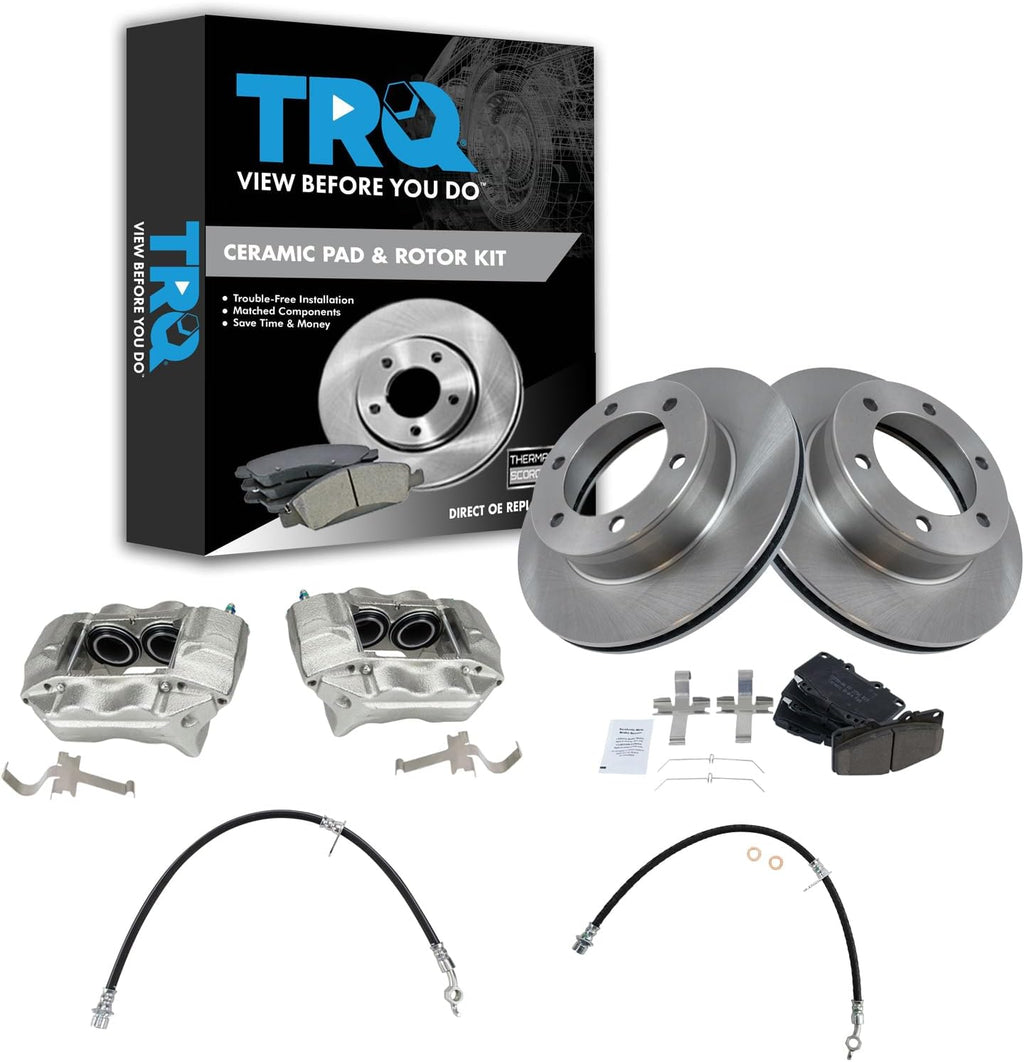 TRQ Front Brake Pad and Rotor Set Ceramic Vented Rotors Calipers Hoses Compatible with 2004 Toyota Tacoma