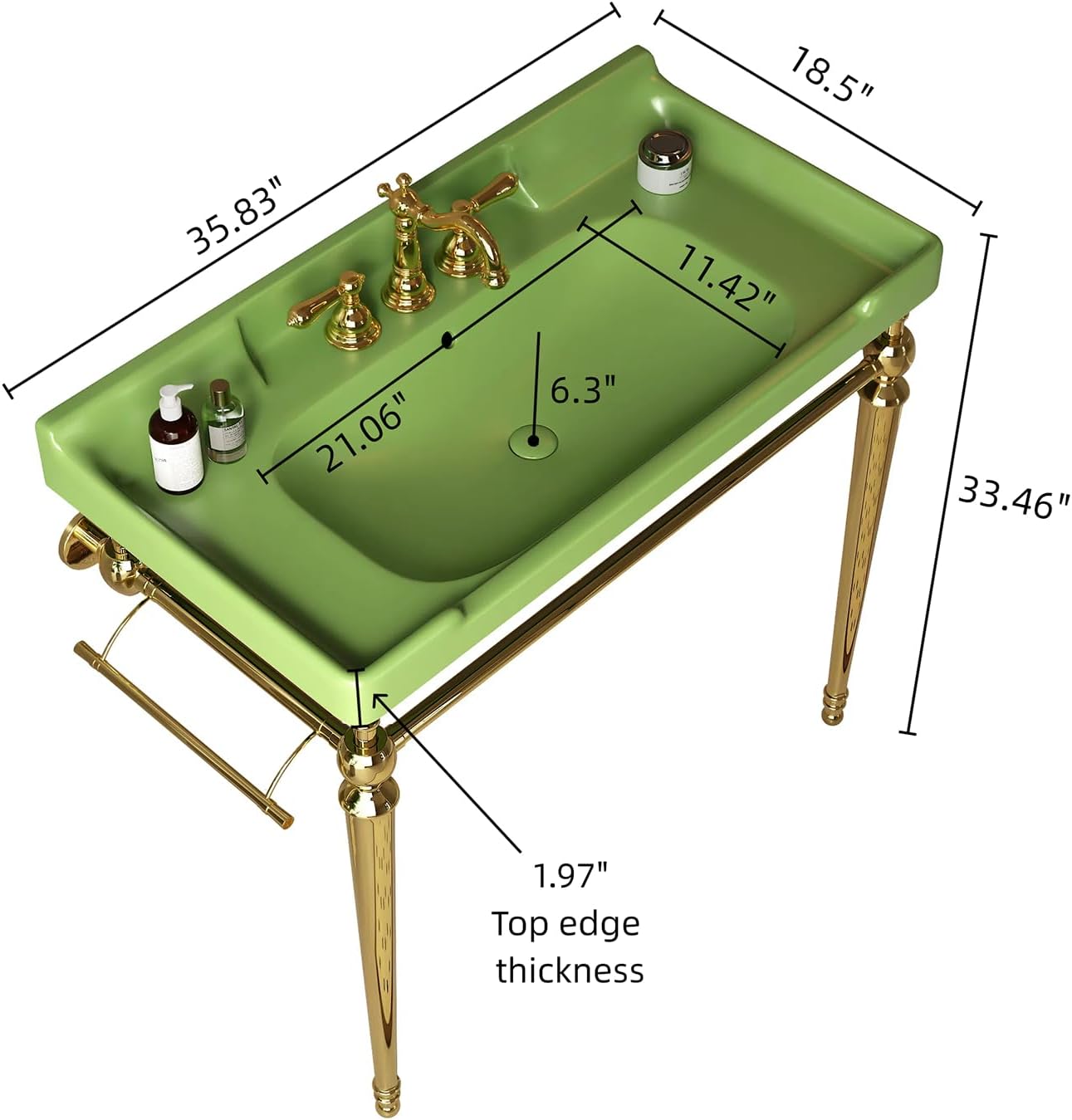 36'' Console Bathroom Sink, Freestanding Console Sink With Stainless Brushed Gold Legs, Modern Bathroom Sink Vanity with 3 Tap Holes and Pop Up Drain, Green
