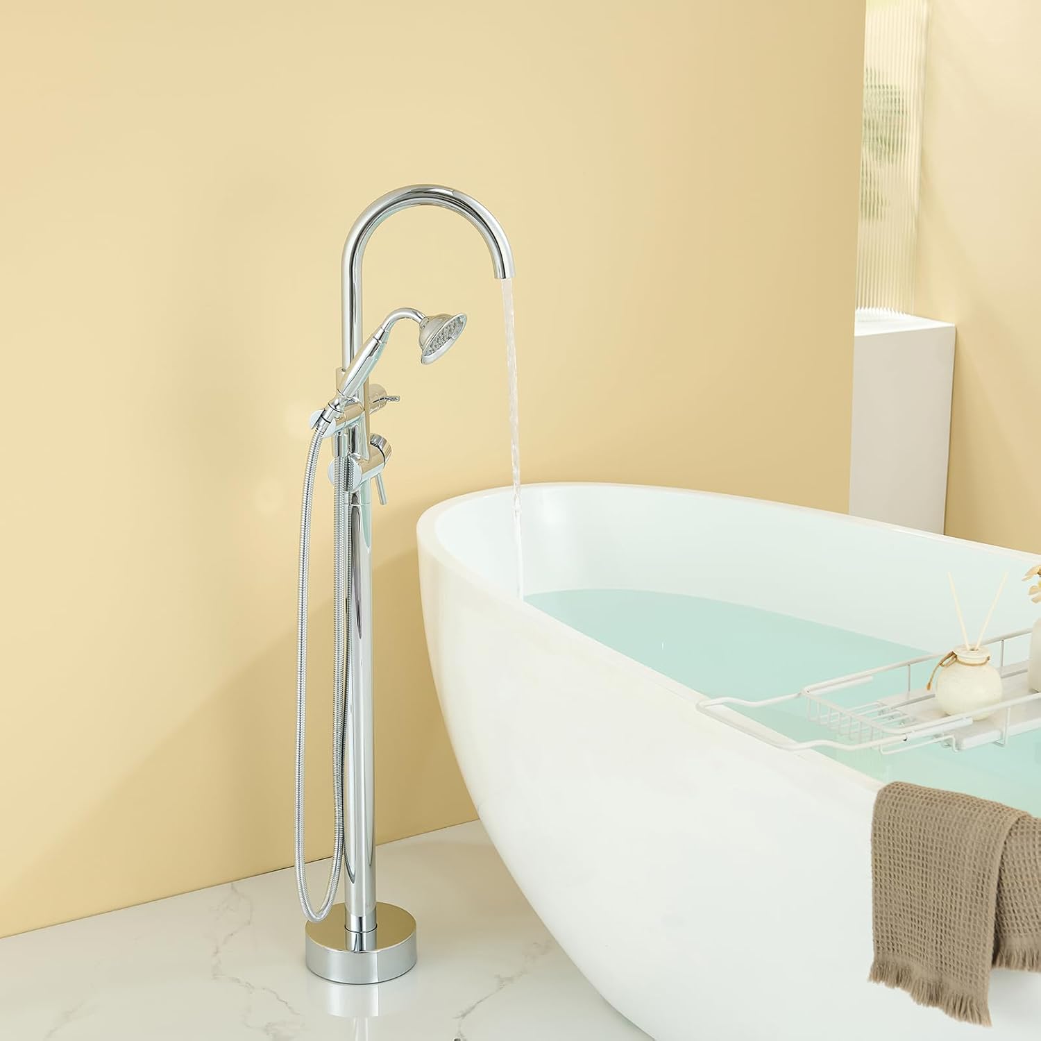Wowkk Tub Filler Freestanding Bathtub Faucet Chrome Floor Mounted Brass Bathroom Tub Faucets with Hand Shower