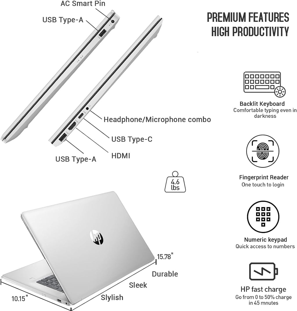 HP 17 Inch Laptop Touchscreen Computer, 17.3 HD+ Touch Screen Business Laptop PC, Intel 10-Core i7 Laptop Windows 11 Pro, 32GB RAM 1TB SSD|Backlit|10-Key|Fingerprint
