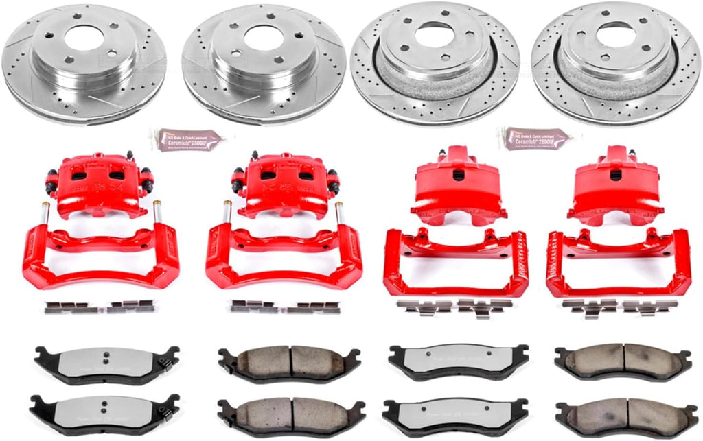 PowerStop Front and Rear Brake & Caliper Kit for Dodge Ram 1500 2003-05 - Drilled & Slotted Disc Rotors + Z36 Brake Pads + Red-Powder Coated Calipers, KC2168-36