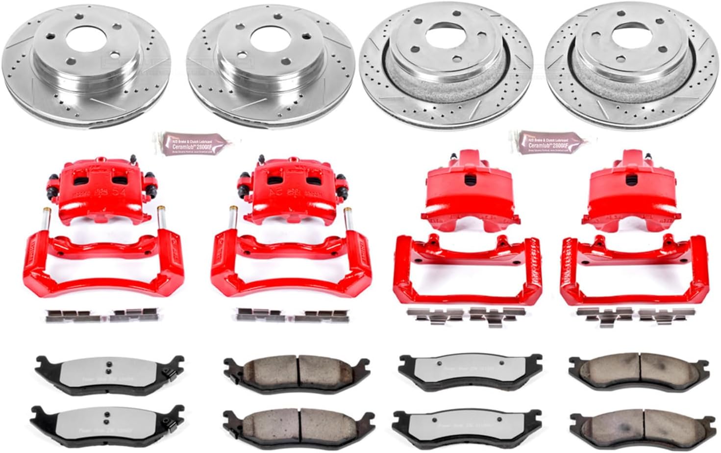 PowerStop Front and Rear Brake & Caliper Kit for Dodge Ram 1500 2003-05 - Drilled & Slotted Disc Rotors + Z36 Brake Pads + Red-Powder Coated Calipers, KC2168-36