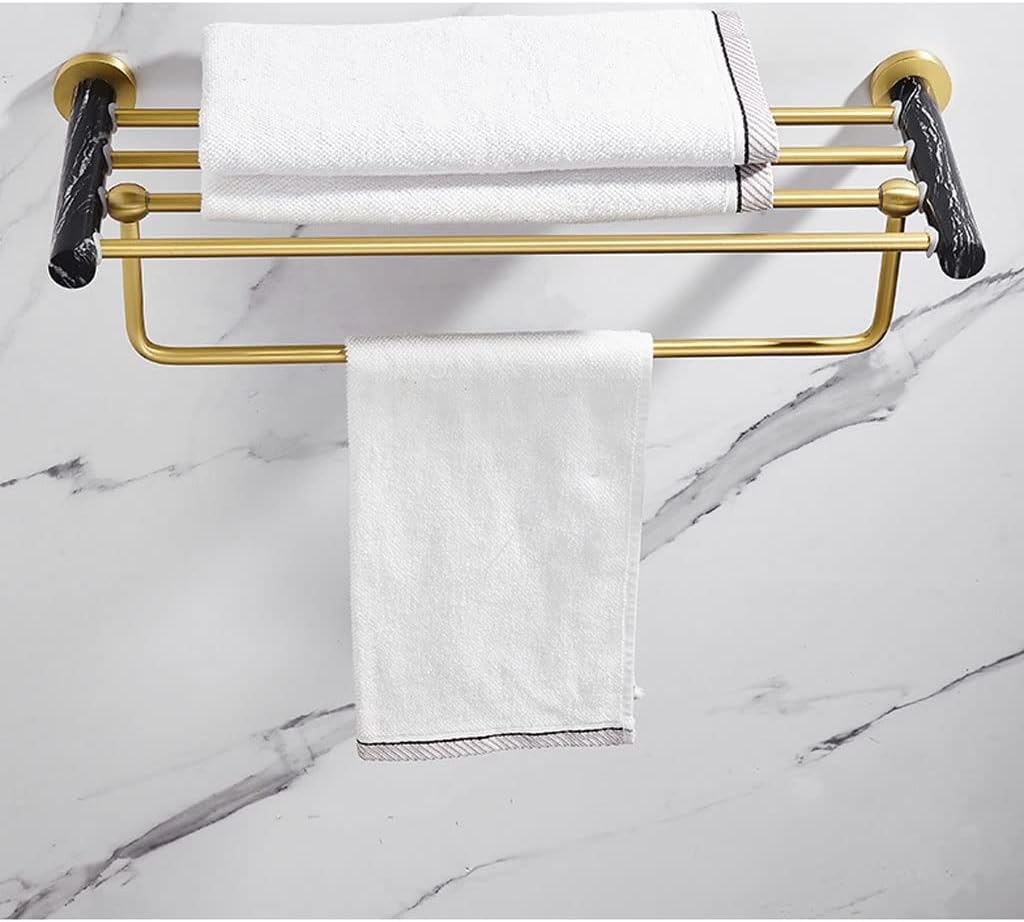 Towel Racks Black Marble Towel Rack Brushed Gold Space Aluminum Towel Holder Bathroom Wall Mounted Double Towel Bar Storage Shelf Organizer