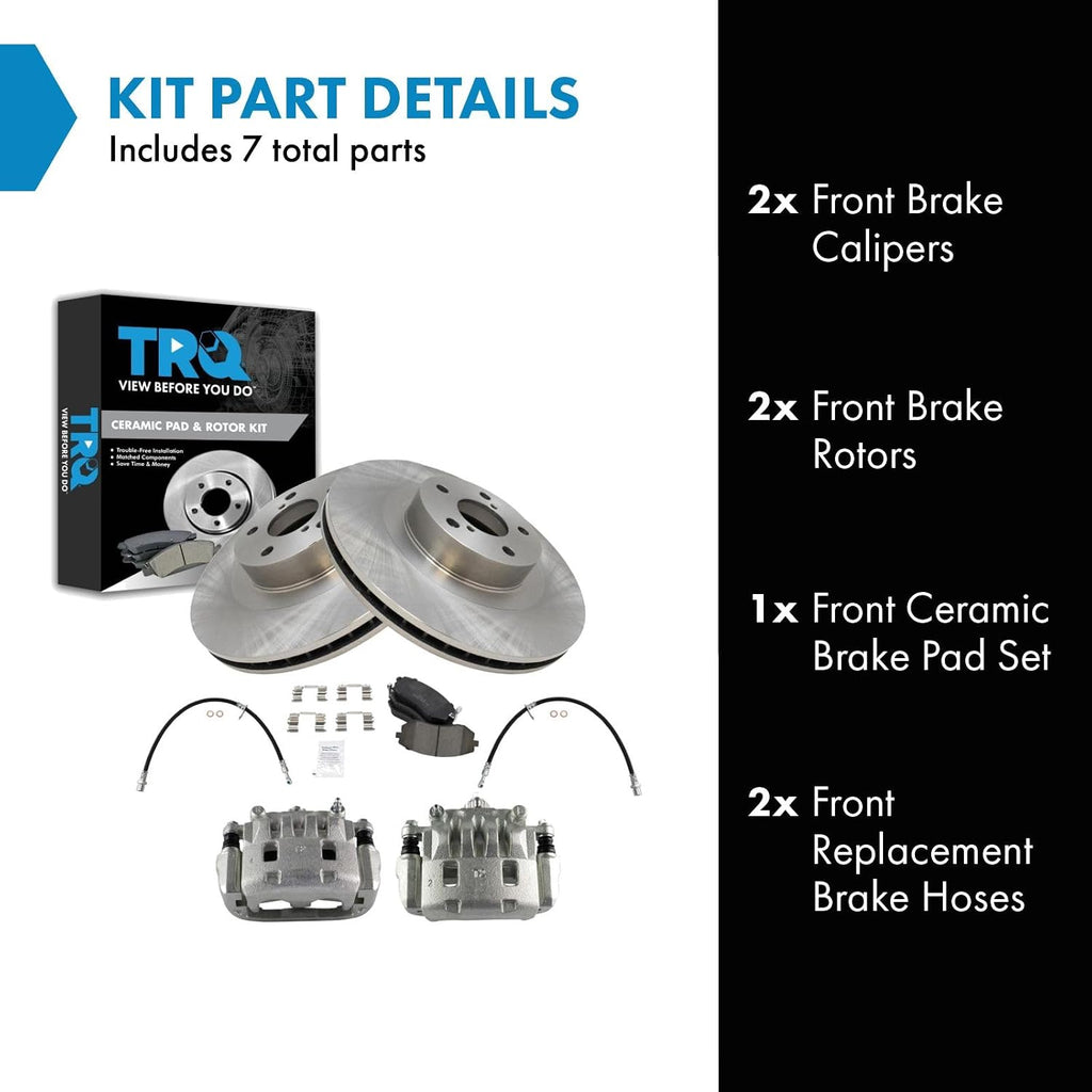 TRQ Front Brake Pad and Rotor Set Ceramic Rotors Calipers Hoses Compatible with 2003-2006 Subaru Baja 2003-2008 Forester 2002-2005 Outback