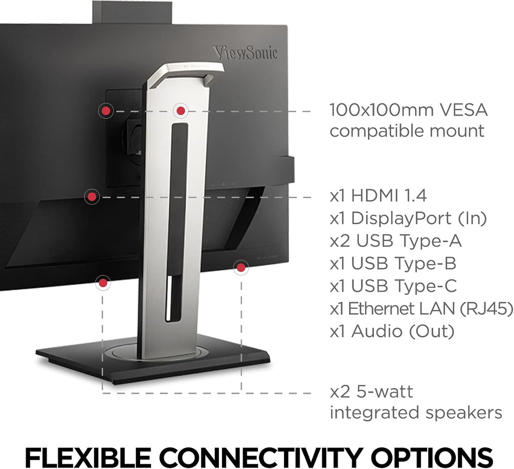 ViewSonic VG2456V 24 Inch 1080p Video Conference Monitor with Webcam, 2 Way Powered 90W USB C, Docking Built-in, Gigabit Ethernet RJ45, 40 Degree Tilt Ergonomics