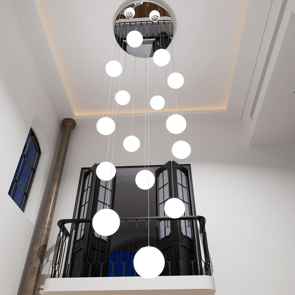 ykolupty H 138' Large Chandelier with White Globe Glass Dimmable Ceiling Light Glass Pendant Light for Kitchen Island, Dining Room, Living Room, Entry Hallway, LED Bulbs Included