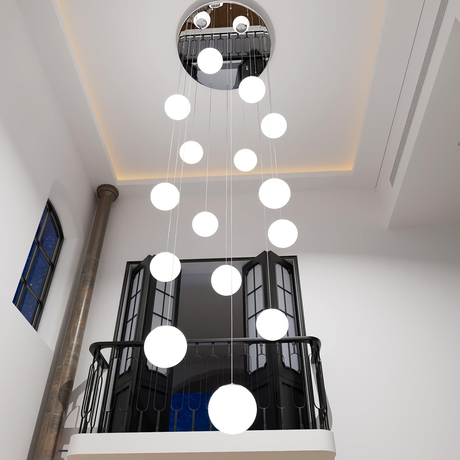 ykolupty H 138' Large Chandelier with White Globe Glass Dimmable Ceiling Light Glass Pendant Light for Kitchen Island, Dining Room, Living Room, Entry Hallway, LED Bulbs Included