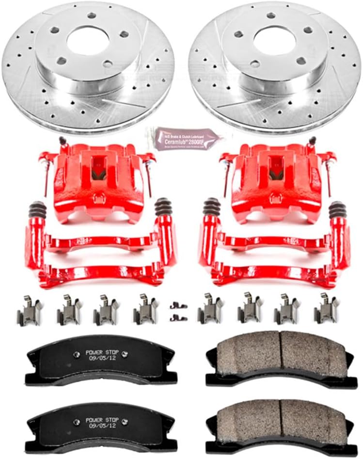 PowerStop Front Brake & Caliper Kit for Jeep Grand Cherokee 1999-04 - Carbon-Fiber Ceramic Brake Pads + Drilled & Slotted Rotors + Red Powder Coated Calipers, KC2149