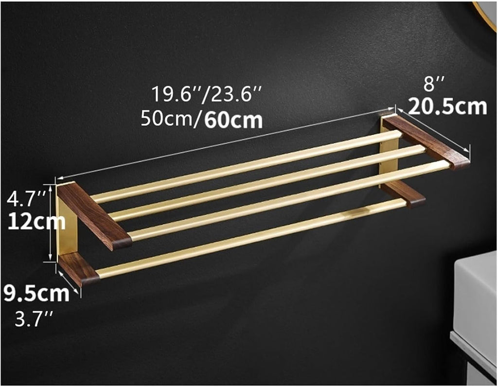 Towel Hanger for Bathroom,Walnut Wood Rack Double Rail Bar Shelf Wall Mounted Holder Space Aluminum Towels Storage Laundry Room Bars(50 * 20.5 * 12cm)