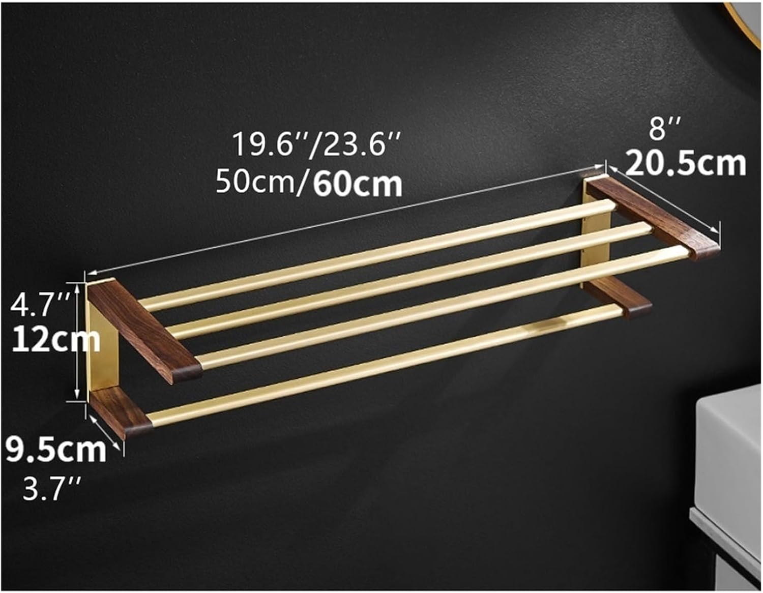 Towel Hanger for Bathroom,Walnut Wood Rack Double Rail Bar Shelf Wall Mounted Holder Space Aluminum Towels Storage Laundry Room Bars(50 * 20.5 * 12cm)