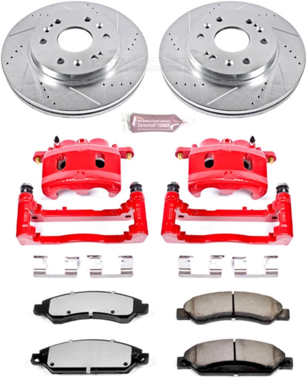 PowerStop Front Brake & Caliper Kit for Cadillac Escalade 2007-08 |Escalade ESV 2007-08 |Escalade EXT 2007-08 - Drilled & Slotted Disc Rotors + Z36 Brake Pads + Red-Powder Coated Calipers, KC2067-36
