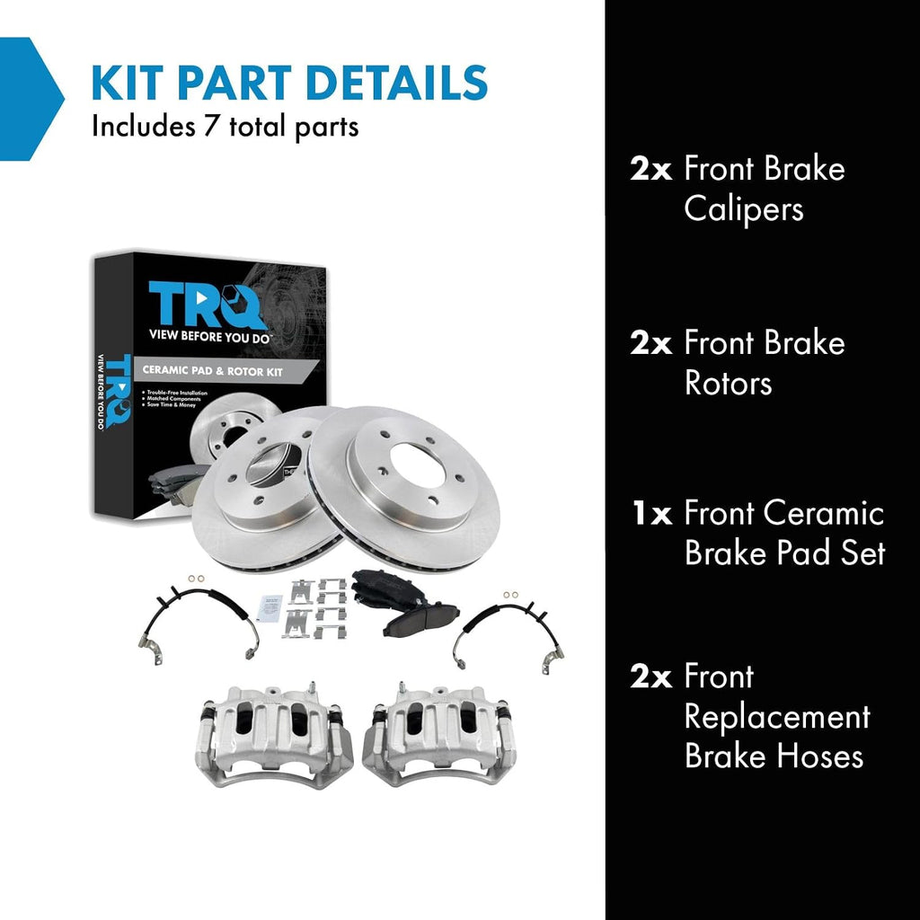 TRQ Front Brake Pad and Rotor Set Ceramic Rotors Calipers Hoses Compatible with 1999-2003 Ford F-150 2004 F-150 Heritage