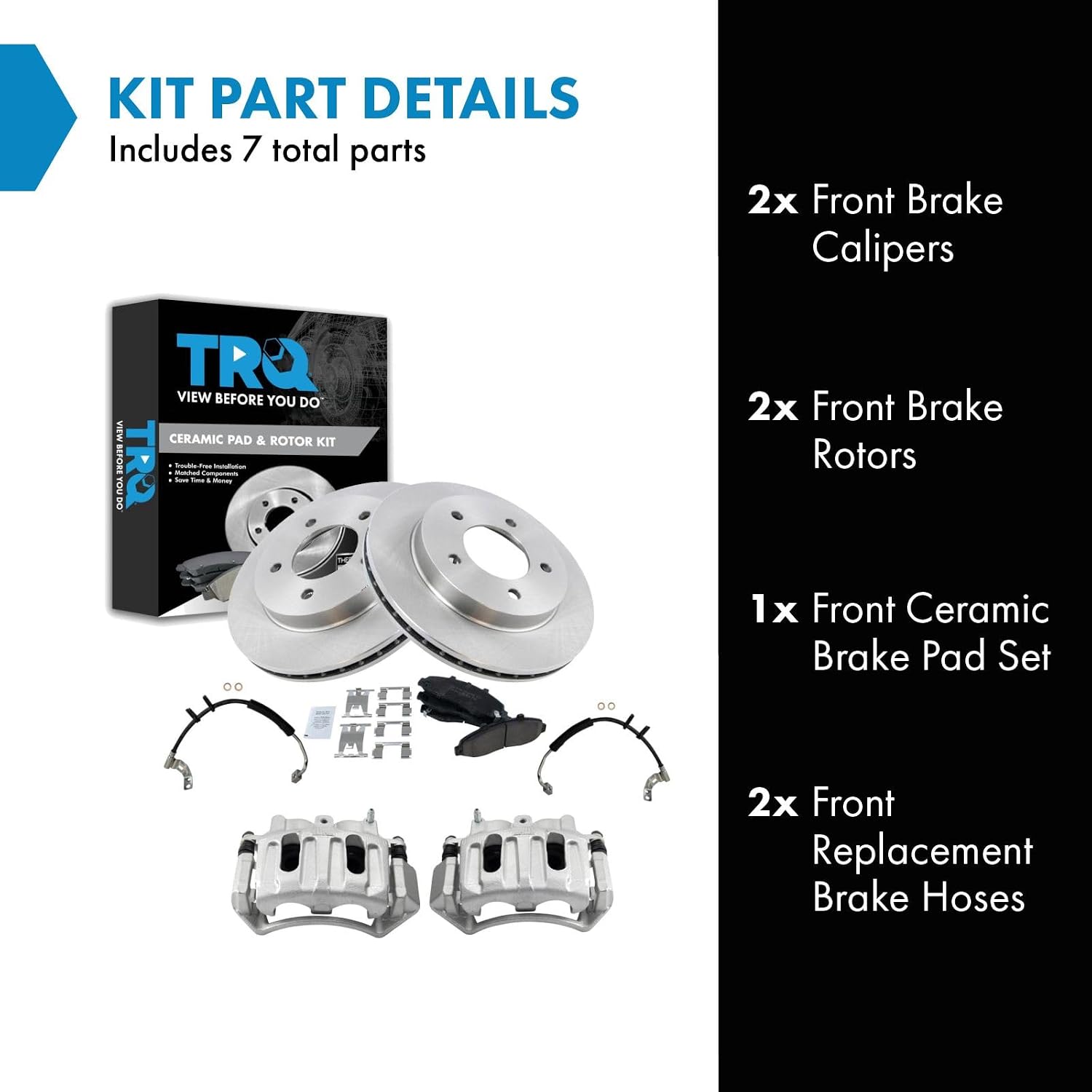 TRQ Front Brake Pad and Rotor Set Ceramic Rotors Calipers Hoses Compatible with 1999-2003 Ford F-150 2004 F-150 Heritage