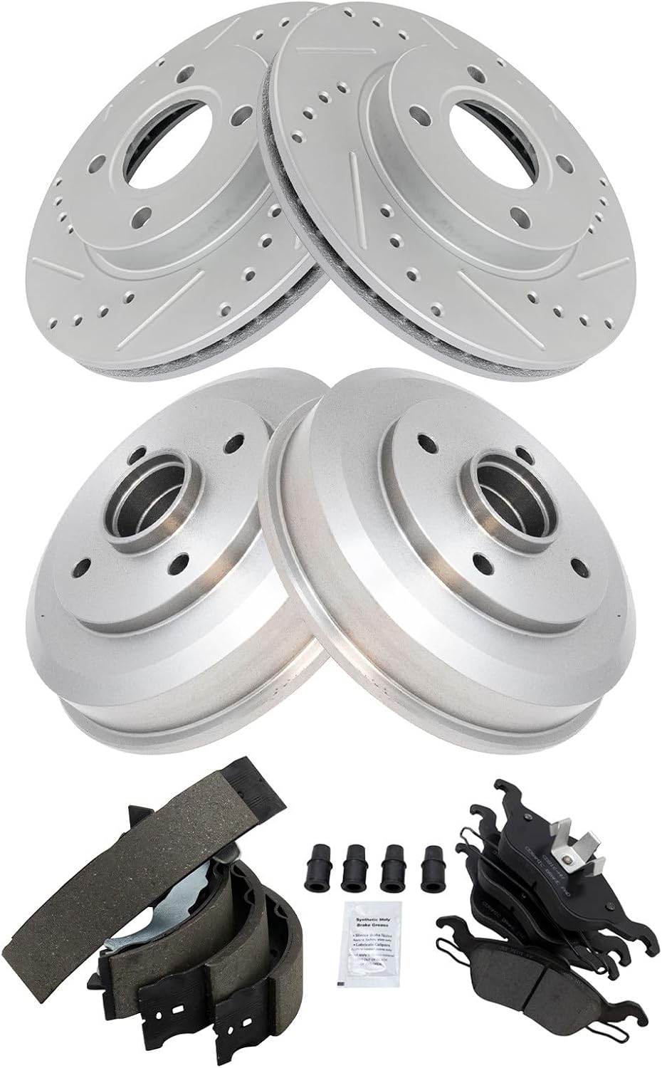 TRQ Performance Front and Rear Brake Pad & Rotor, Shoe & Drum Kit Compatible with 2000-2004 Ford Focus
