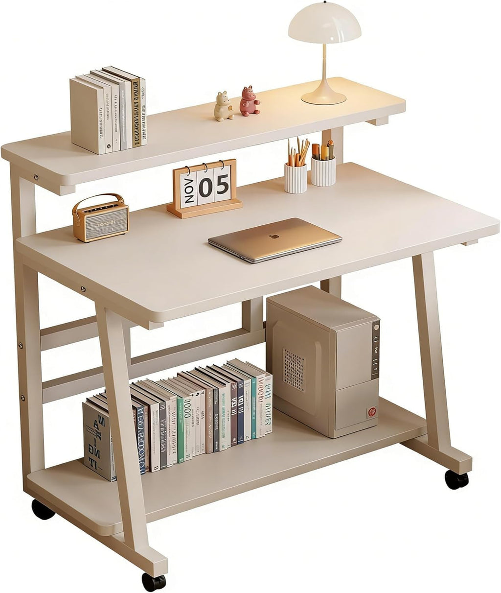 Rolling Desk, 47.2 Inch Small Desks with 3-Layer Storage & Monitor Stand, Compact Home Office Desk, Portable Laptop Table with Wheels for Small Spaces, Mobile Rolling Computer Work Desks