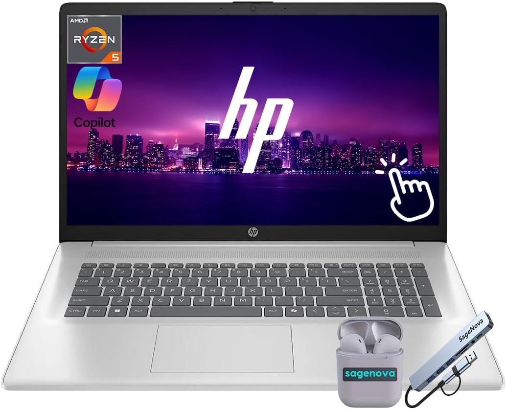 HP 17.3' Business Touchscreen Laptop Computer, 16GB RAM 1.5TB Storage (1TB SSD+512GB Docking Station Set), AMD Ryzen 5 7430U (Up to 4.3 Ghz), Windows 11, Numeric Keypad, SageNova Earphones, Silver