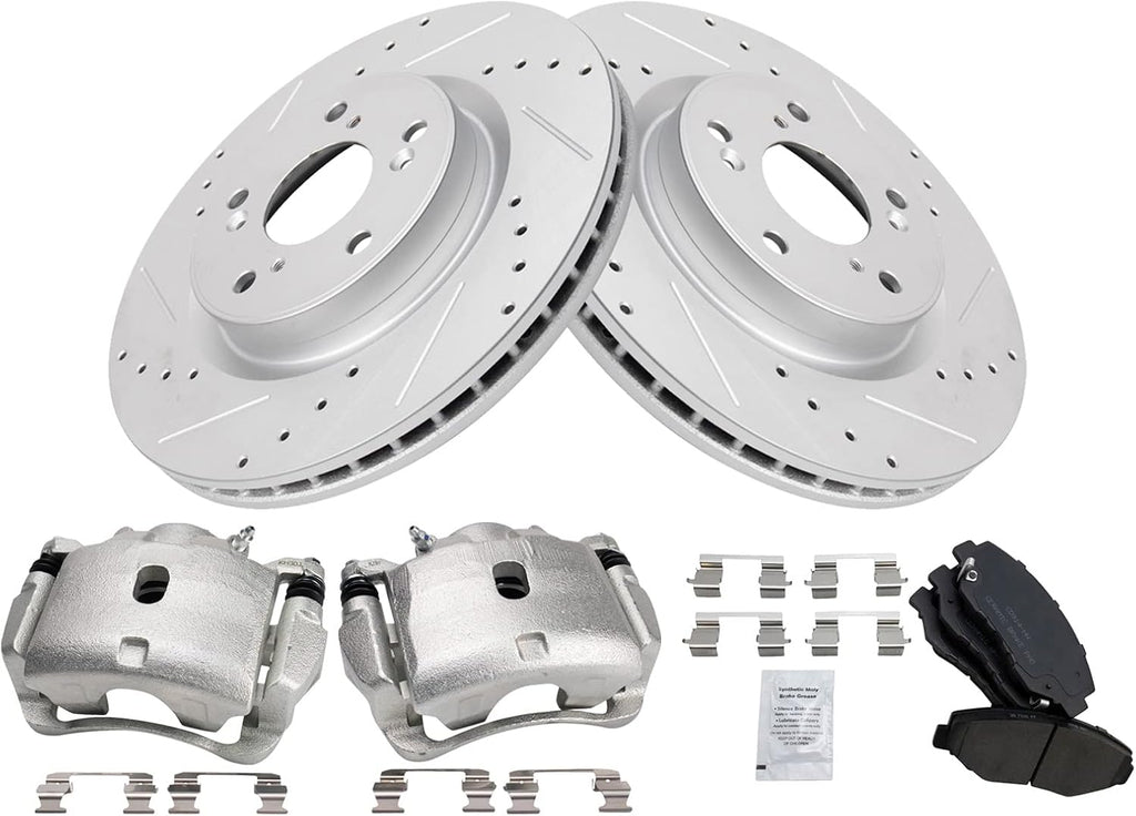 TRQ Performance Front Brake Pad and Rotor Set Ceramic Vented Coated Slotted Drilled Rotors Calipers Compatible with 2012-2015 Honda CR-V