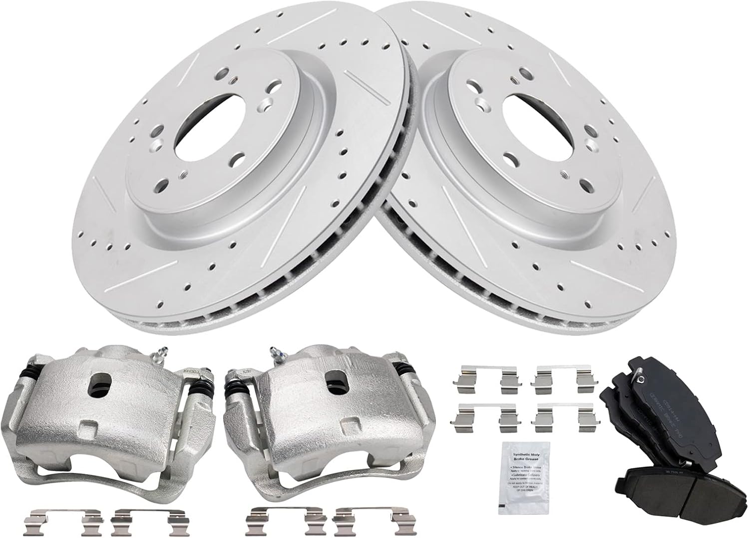 TRQ Performance Front Brake Pad and Rotor Set Ceramic Vented Coated Slotted Drilled Rotors Calipers Compatible with 2012-2015 Honda CR-V