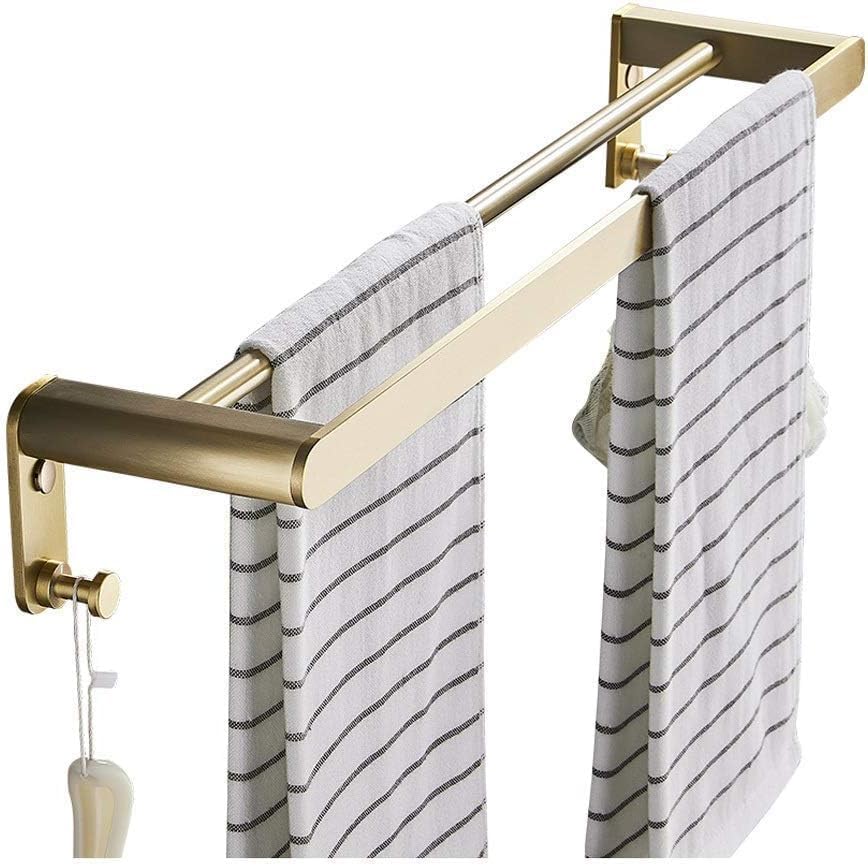 Towel Holder Double Bars Towel Racks with Hooks Bathroom Brushed Space Aluminum Towel Shelves Bath Wall Mount Towel Holder Towel Rack/Gold，