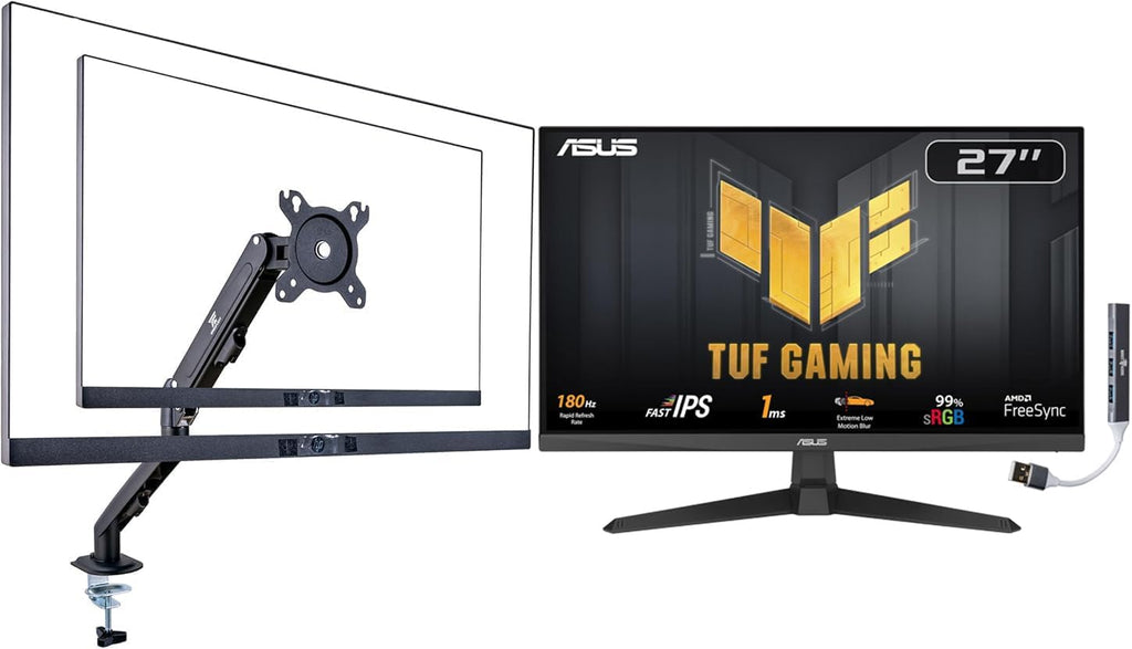 ASUS TUF Gaming 27' FHD IPS Monitor with 1ms Response Time, 180Hz Refresh Rate, Anti Glare, Flicker Free, VESA Mount (100mm), Displayport, HDMI, Black Color w/DKZ Hub & ErgoFlexy Single Mount Arm