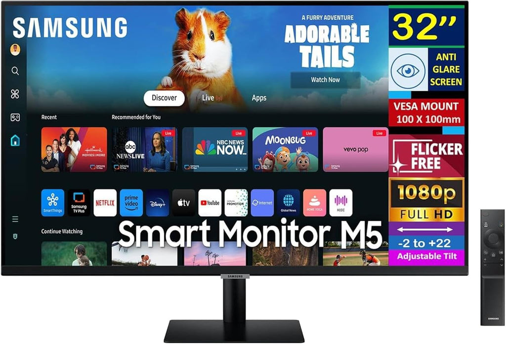 Samsung 32' Smart M5 (M50D) FHD VA Monitor with HDR10, 4ms Response Time, Anti Glare, Flicker Free, VESA Mount (100mm), HDMI, Black Color (LS32DM500ENXGO) (Renewed)