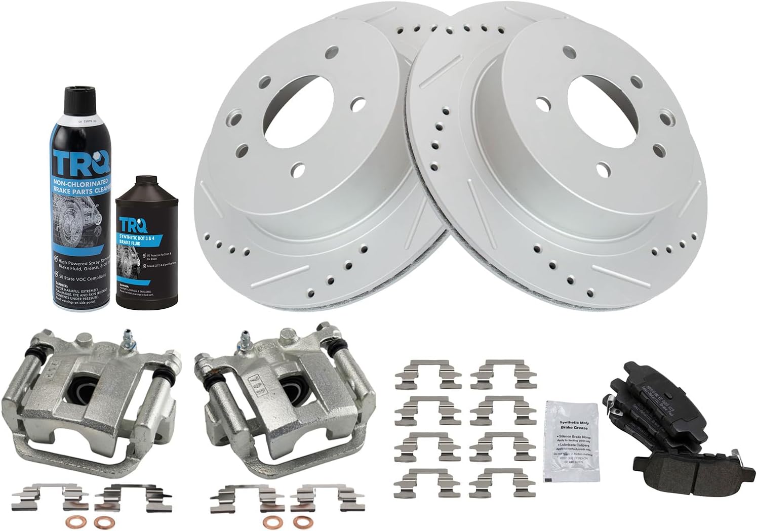 TRQ Rear Performance Brake Pad, Caliper, & Rotor Kit, with Chemical Kit Semi-Metallic Premium G-Coated Compatible with 2008-2013 Nissan Rogue 2014-2015 Rogue Select