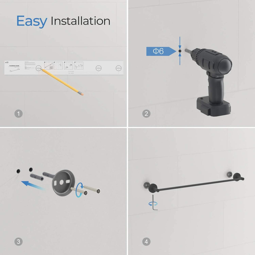 KIBI 4-Piece Circular Bathroom Hardware Set - Matte Black Finish | Includes Towel Bar, Towel Ring, Toilet Paper Holder, and Robe Hook | Durable Solid Brass Construction and Rust-Resistant (C-KBA14-4)
