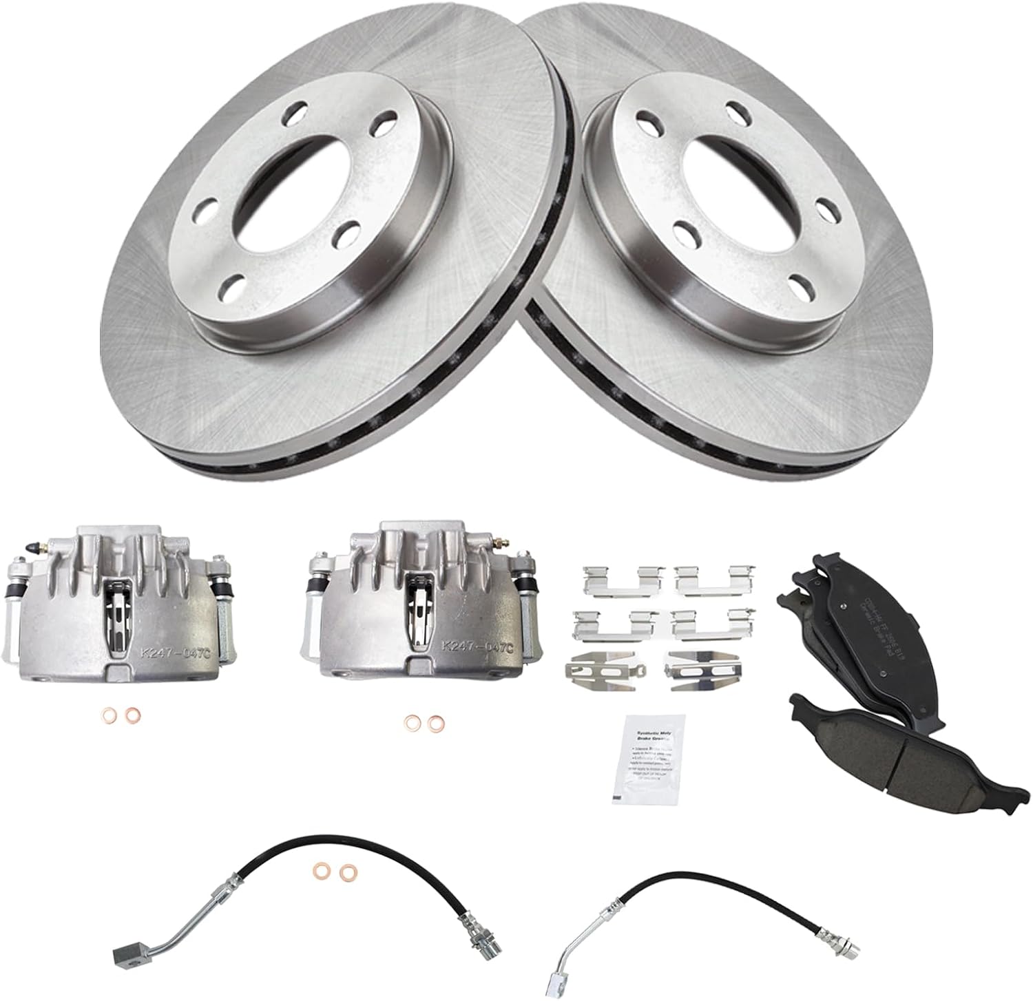 TRQ Front Brake Pad and Rotor Set Ceramic Rotors Calipers Hoses Compatible with 2003-2004 Ford Mustang